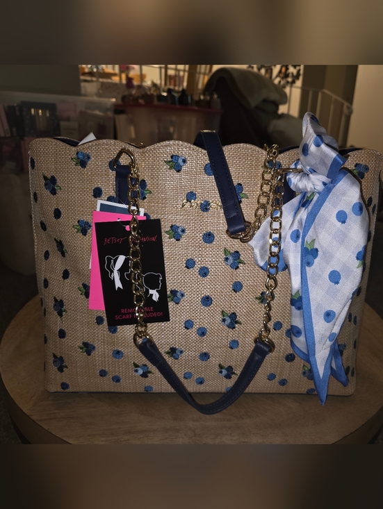 Betsey Johnson Handbags - Betsey Johnson Blue Floral Embroidered Straw Tote with Scarf
